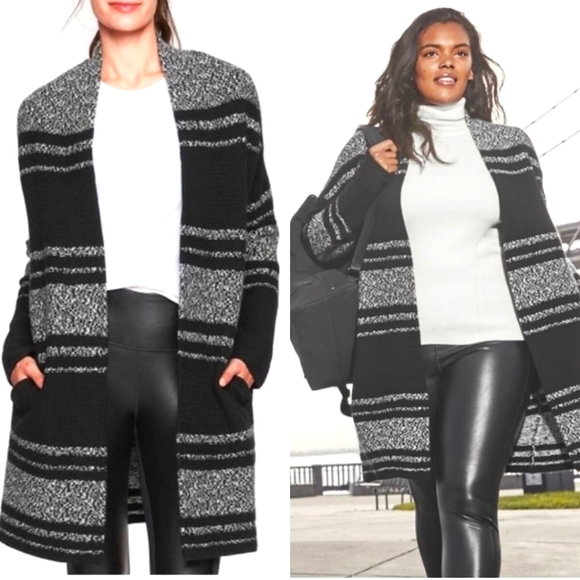 ATHLETA Wool Cashmere Longline Open Front Cardigan in Marled Black Grey Sz. XS - Picture 1 of 12